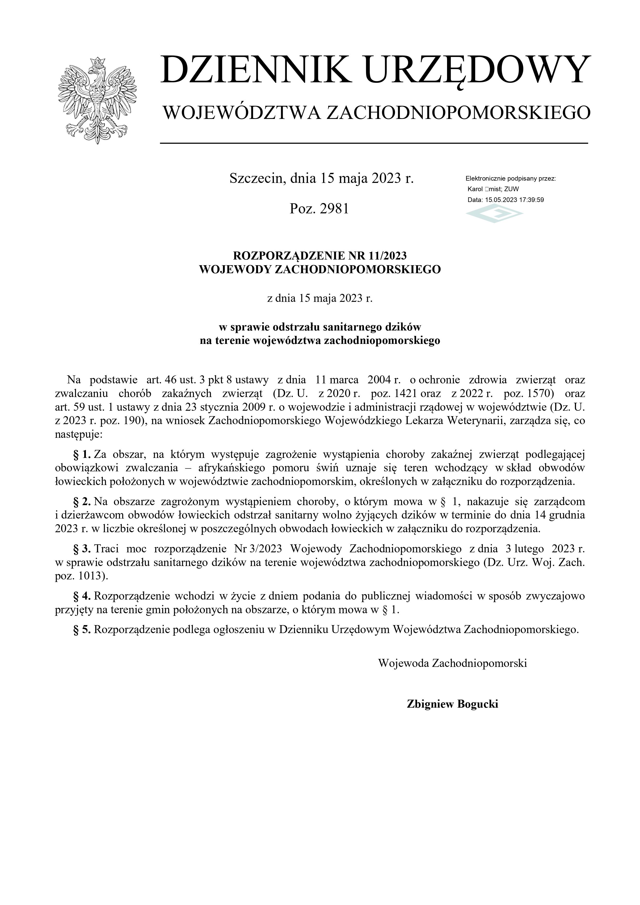 treść rozporządzenia nr 11/2023 Wojewody Zachodniopomorskiego