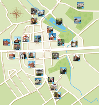 mapka z umieszczonymi obiektami wpisanymi do Staromiejskiej Trasy Turystycznej