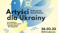 Grafika promująca wydarzenie w kolorach błękitnym i żółtym z napisem Artyści Politechniki Koszalińskiej dla Ukrainy