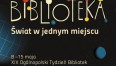 Grafika przedstawia napis "Biblioteka. Świat w jednym miejscu" i datę Tygodnia Bibliotek czyli 8-15 maja 2022