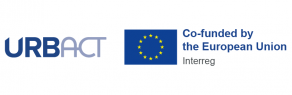 Kolorowy obrazek przedstawiający kolejno w układzie poziomym znak URBACT z flagą Unii Europejskiej i napis w języku angielskim: dofinansowane z funduszy Unii Europejskiej