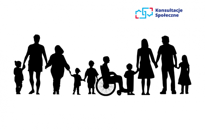 grafika przedstawia osobę niepełnosprawną w otoczeniu innych ludzi