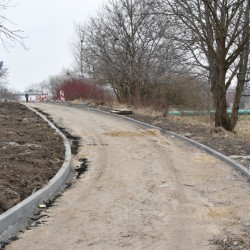 Budowa drogi rowerowej odcinek od Wodnej Doliny do ul. Batalionów Chłopskich. Na drzewach nie widać liści.