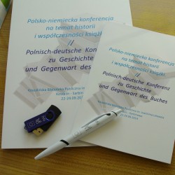 Na kolorowym obrazku dwie białe karty z tytułem projektu oraz długopis i pendrive 