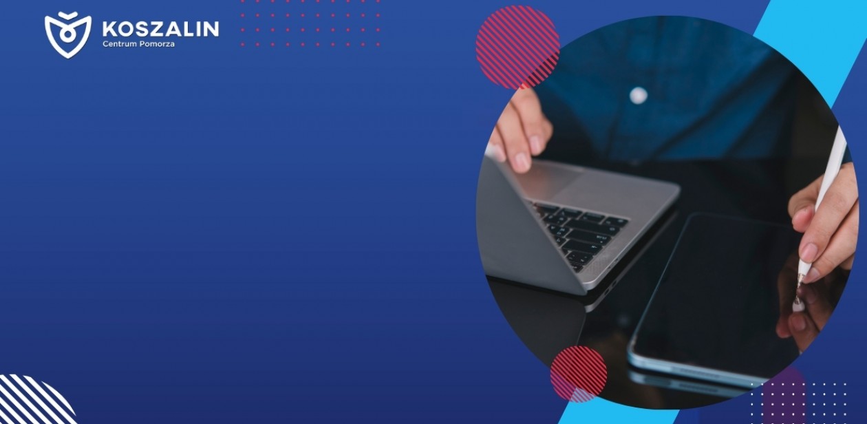 Na grafice znajduje się postać korzystająca z komputera