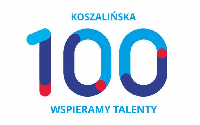 logo „KOSZALIŃSKA 100 – WSPIERAMY TALENTY!” w kolorach niebieskich i czerwieni