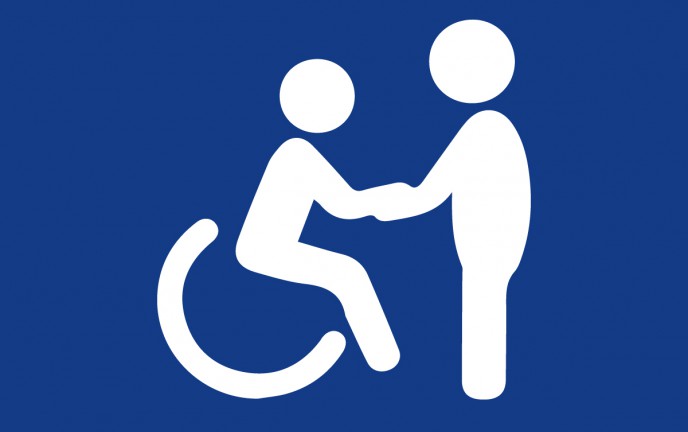 graficzna prezentacja ukazująca osobę niepełnosprawną ściskająca sobie dłoń z osobą pełnosprawną