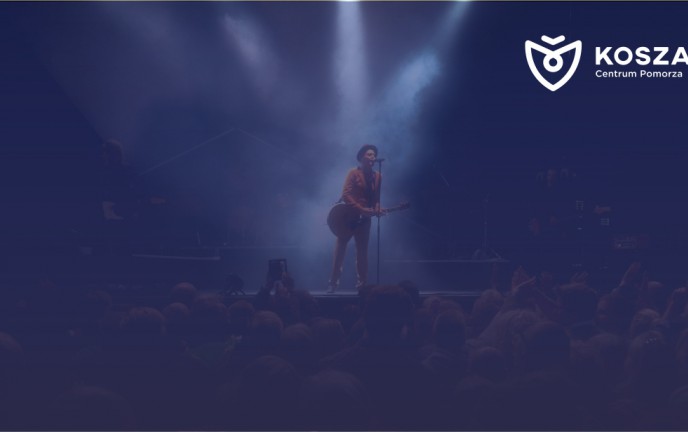 Na grafice znajduje się osoba na scenie śpiewająca do mikrofonu i grająca na gitarze