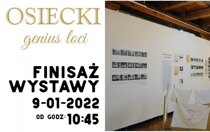 Grafika przedstawia fragmenty ekspozycji i tytuł wystawy "Osiecki genius loci" finisaż 9 stycznia 2022 r. od godz. 10.45