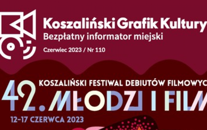 Grafika na fioletowym tle przedstawia napis Koszaliński Grafik Kultury