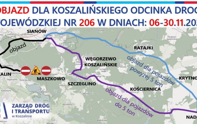 W dniach 6-30.11.2023 r. objazd na drodze wojewódzkiej nr 206!