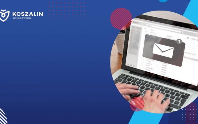 Na grafice znajduje się laptop z wiadomością na ekranie