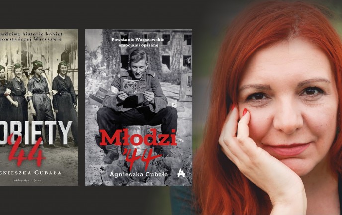 Grafika przedstawia zdjęcie rudowłosej kobiety po prawej stronie, obok niej po lewej stronie znajdują się dwie książki.