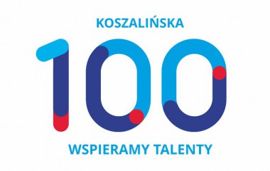 logo „KOSZALIŃSKA 100 – WSPIERAMY TALENTY!” w kolorach niebieskich i czerwieni