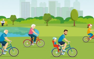 Graficzne przedstawienie osób jeżdżących na rowerach