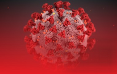 Grafika z cząsteczką wirusa SARS-COV-2 oraz logo Koszalin Centrum Pomorza