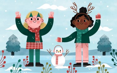 Grafika przedstawia dwie rysunkowe postaci dziecięce w zimowej scenerii