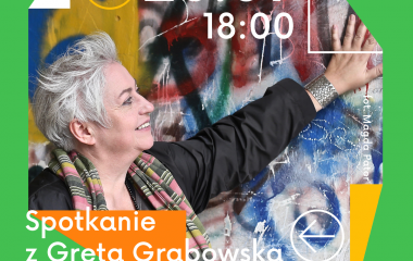 Grafika przedstawia artystkę Gretę Grabowską, która dotyka kolorowej ściany, na której umieszczona jest data i godzina spotkania. Na ścianie