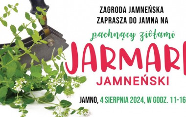 Grafika przedstawia pęk ziół na białym tle oraz czerwony napis Jarmark Jamneński