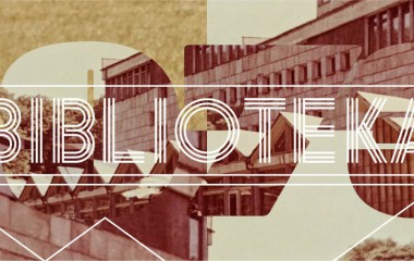Grafika przedstawia kolaż z fragmentów budynku KBP w kolorach brązu i beżu oraz graficzny napis "BIBLIOTEKA"