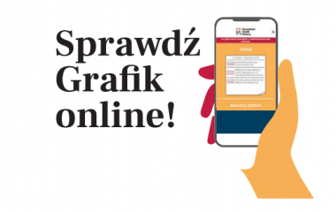 Grafika przedstawia dłoń trzymającą smartfon i napis "Sprawdź Grafik online"