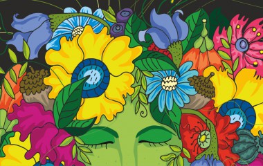 Grafika przedstawia wielobarwne kwiaty i inną roślinność