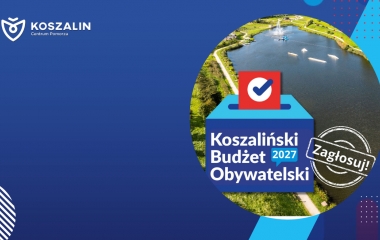 grafika związana z budżetem obywatelskim na zdjęciu informacja o głosowaniu i zdjęcie wody z akcesoriami do pływania