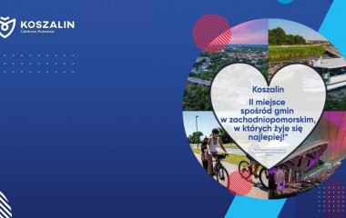 Grafika ze zdjęciami z różnych miejsc Koszalina w tym Amfiteatr, Przystań w Jamnie, Wiadukt oraz rowerzyści na wodnej Dolinie