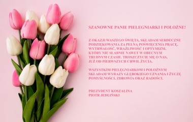Na zdjęciu tulipany na różowym tle z życzeniami