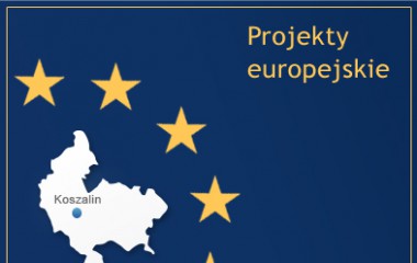 Zdjęcie z napisem Projekty Europejskie przedstawiające na granatowym tle mini mapę Koszalina wraz z gwiazdami Unii Europejskiej