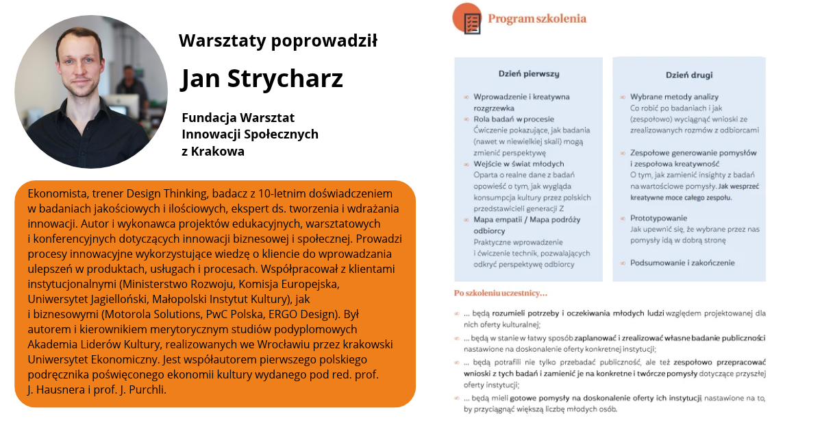 Kolaż zdjęć z warsztatów: uczestnicy pracują przy stołach, rozmawiają w grupach i stoją w kręgu podczas ćwiczeń.